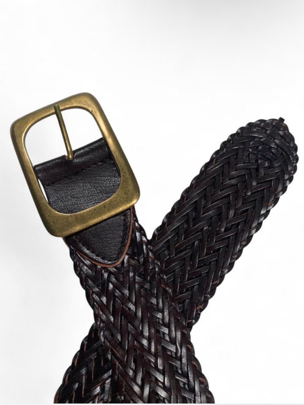 Woven Dark Brown Leather Belt with Brass Buckle